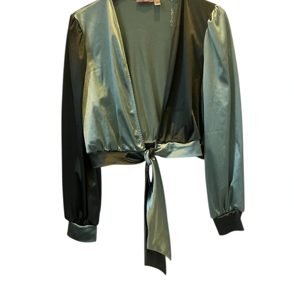 Satin Tie-Front Blouse in Green willow and root - Picture 4 of 6